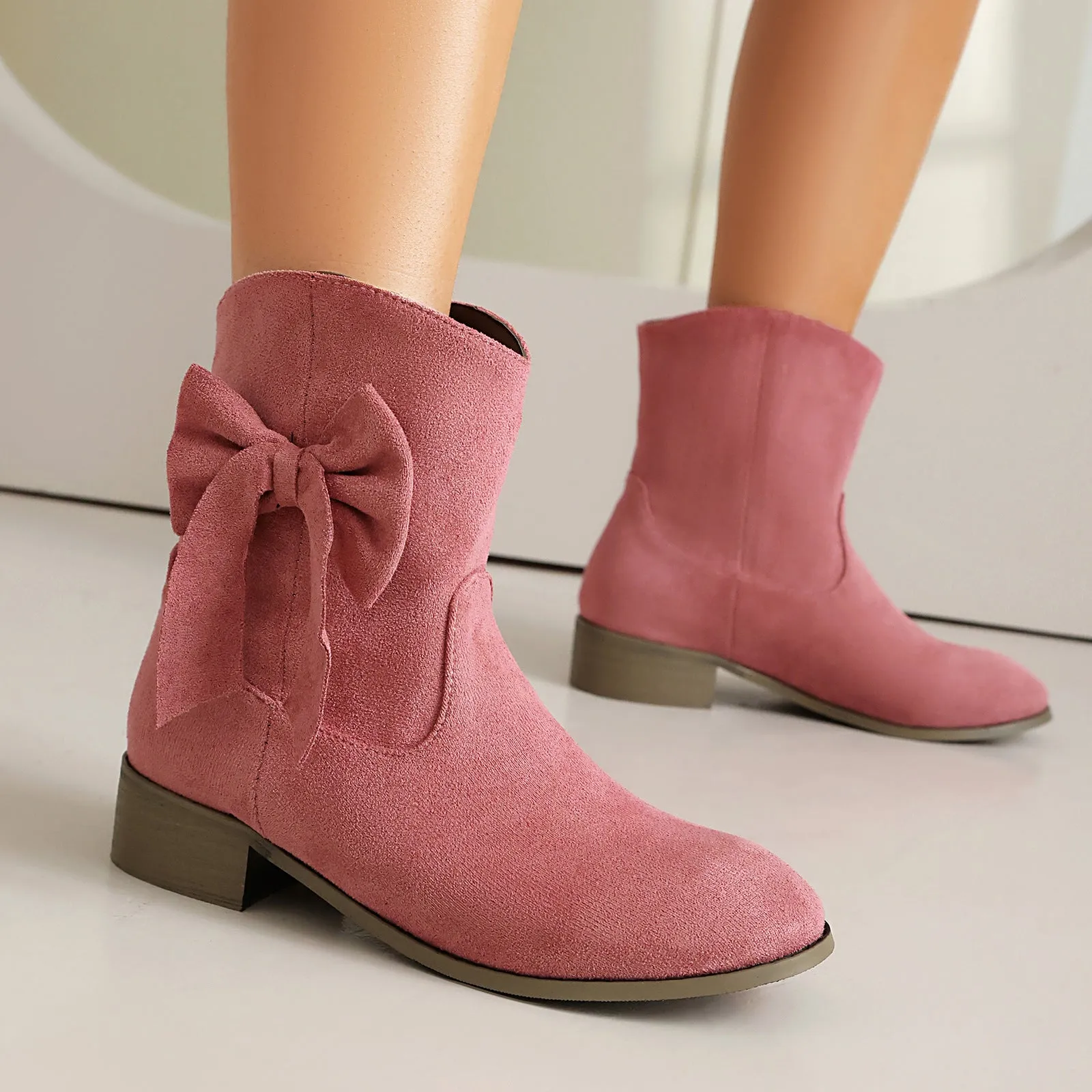Low heel suede sweet bow casual boots for women, square toe, low tube, in burgundy with bow detail
