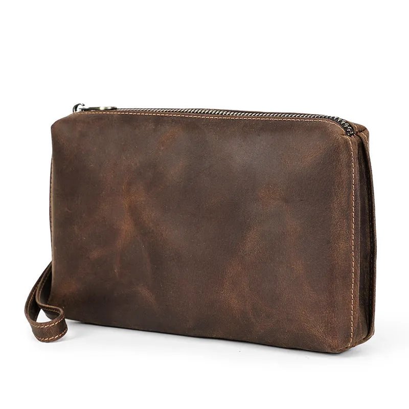 Vintage brown Crazy Horse leather crossbody mobile phone bag for big screen smartphones