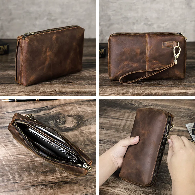 Vintage brown Crazy Horse leather crossbody mobile phone bag for big screen smartphones