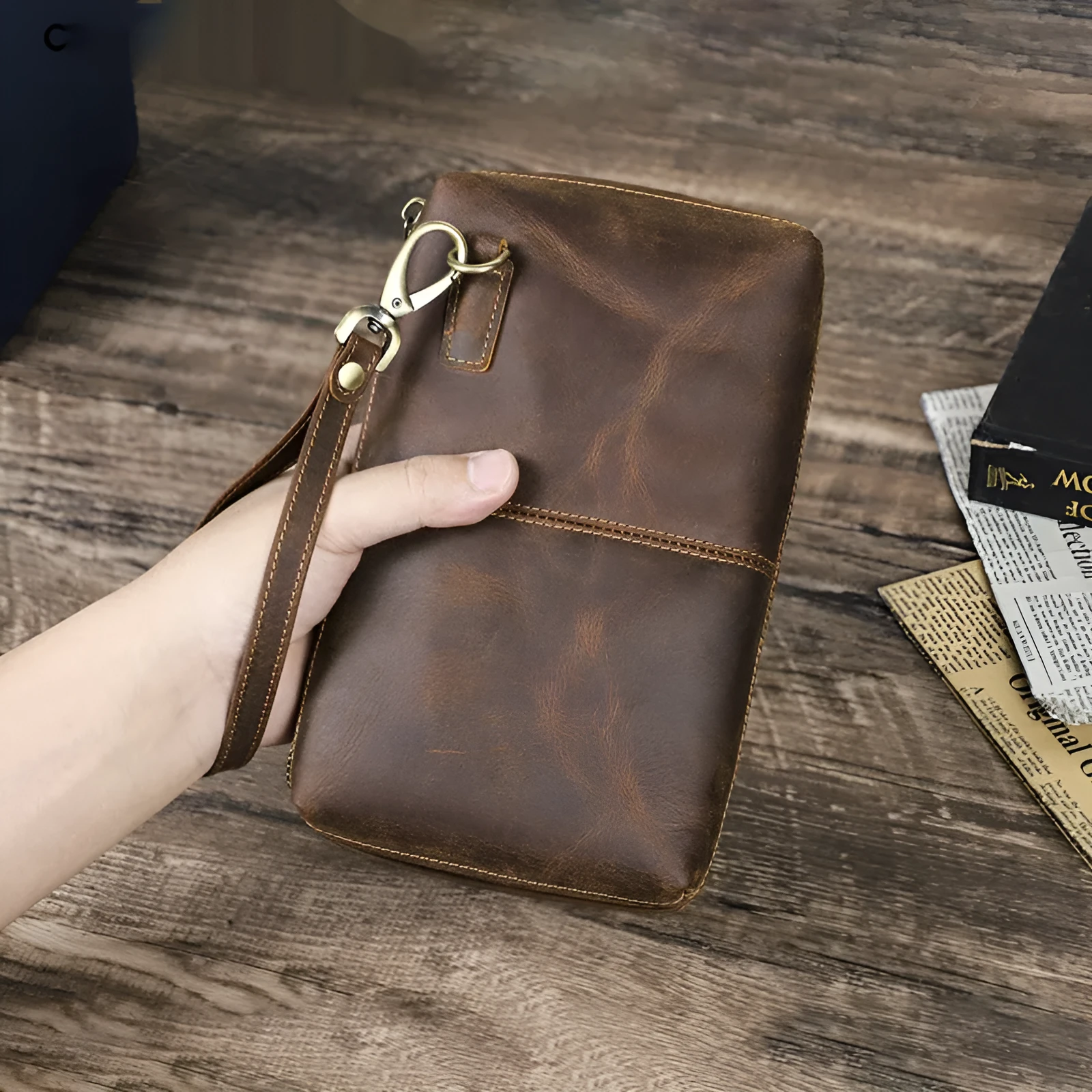 Vintage brown Crazy Horse leather crossbody mobile phone bag for big screen smartphones