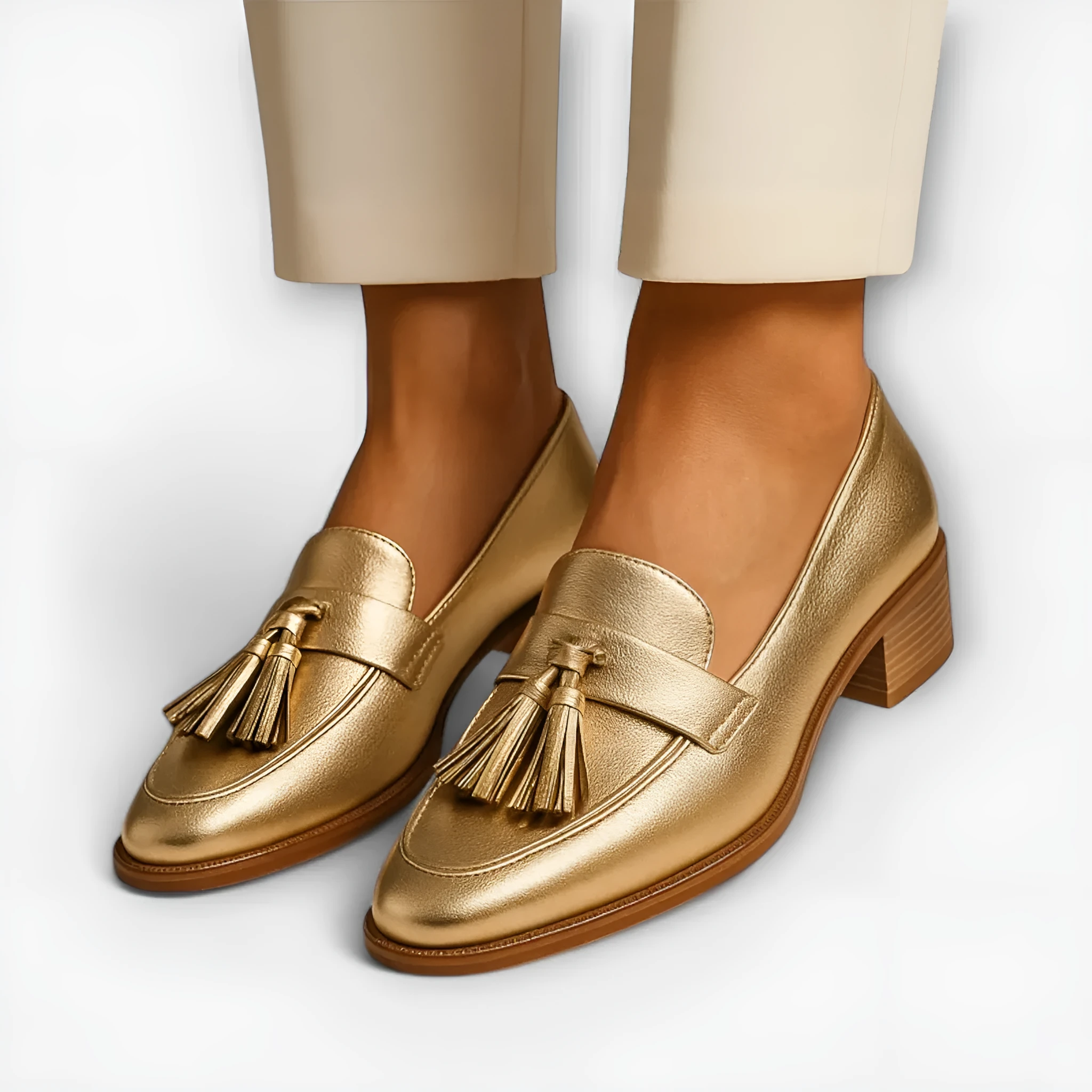 Gold PU leather low heel slip-on pumps with tassel detail and square toe on woman's feet