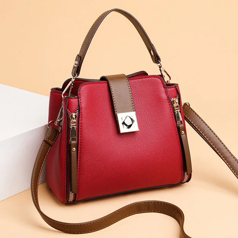 Women's fashion casual all-match PU leather crossbody bucket bag in black with spliced street trend design