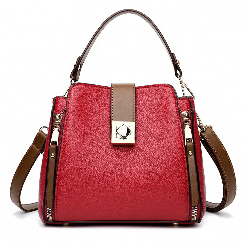Women's fashion casual all-match PU leather crossbody bucket bag in black with spliced street trend design