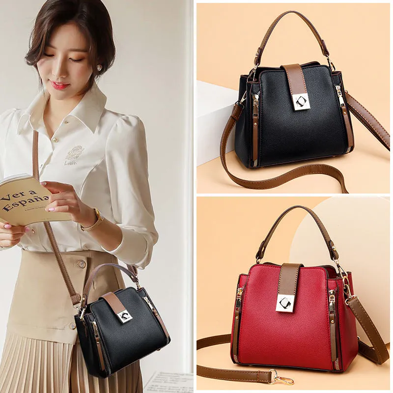 Women's fashion casual all-match PU leather crossbody bucket bag in black with spliced street trend design