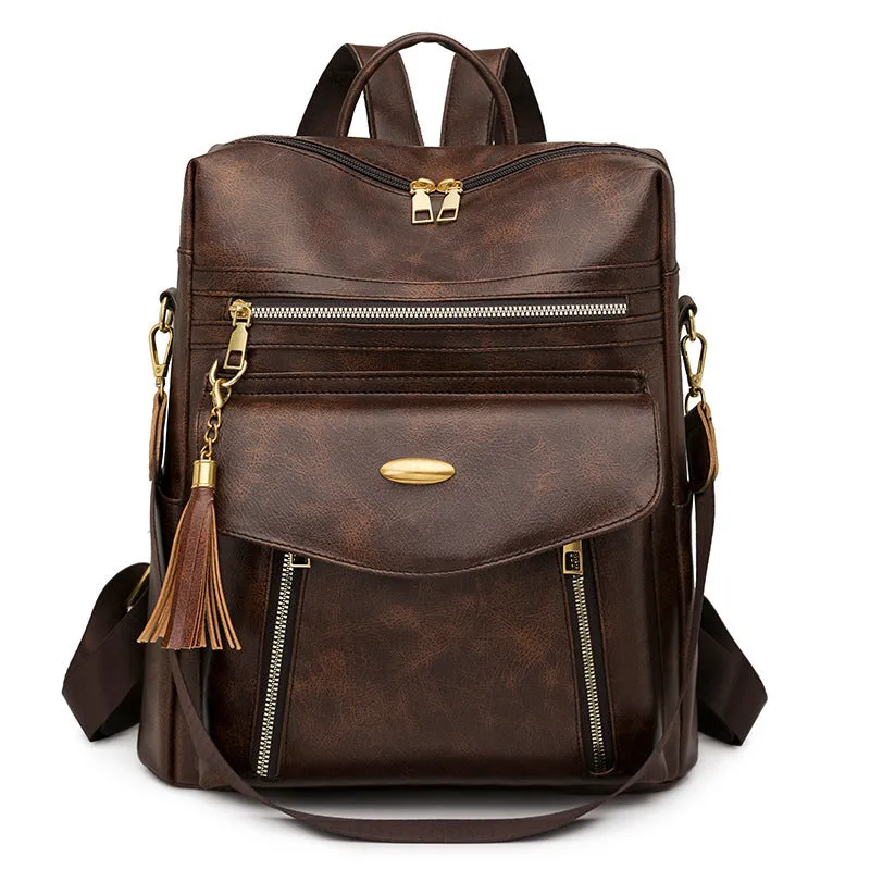 Crossbody casual ladies backpack in brown PU with sewing thread design and phone pocket
