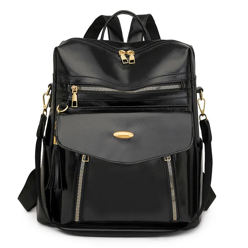 Crossbody casual ladies backpack in brown PU with sewing thread design and phone pocket