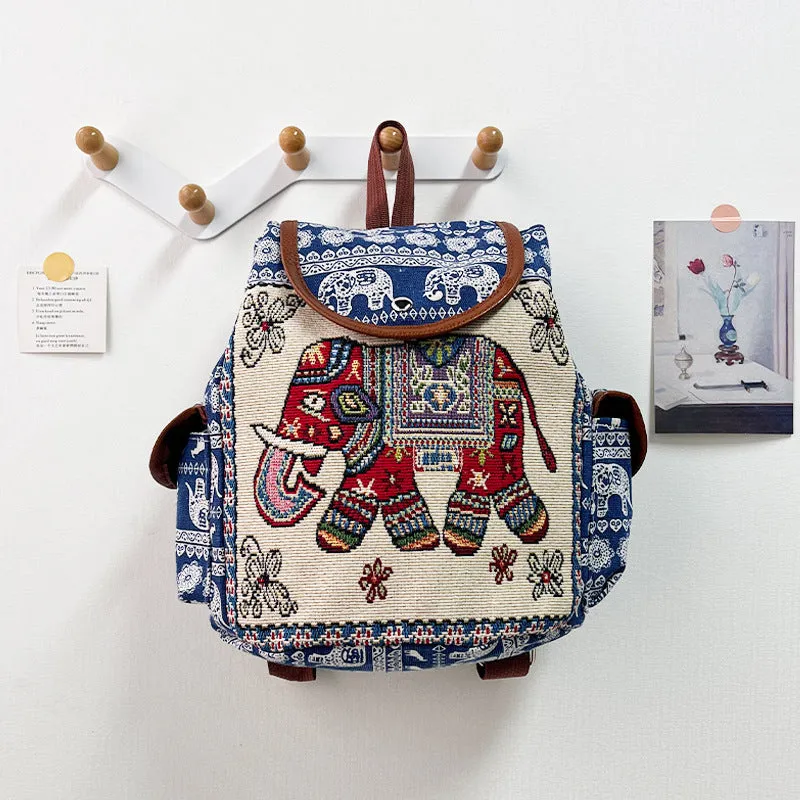 Canvas drawstring backpack with elephant embroidery in one of twelve colour options, size 28x24x12cm