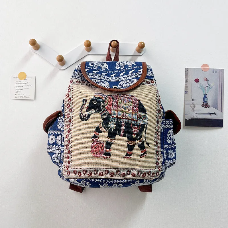 Canvas drawstring backpack with elephant embroidery in one of twelve colour options, size 28x24x12cm