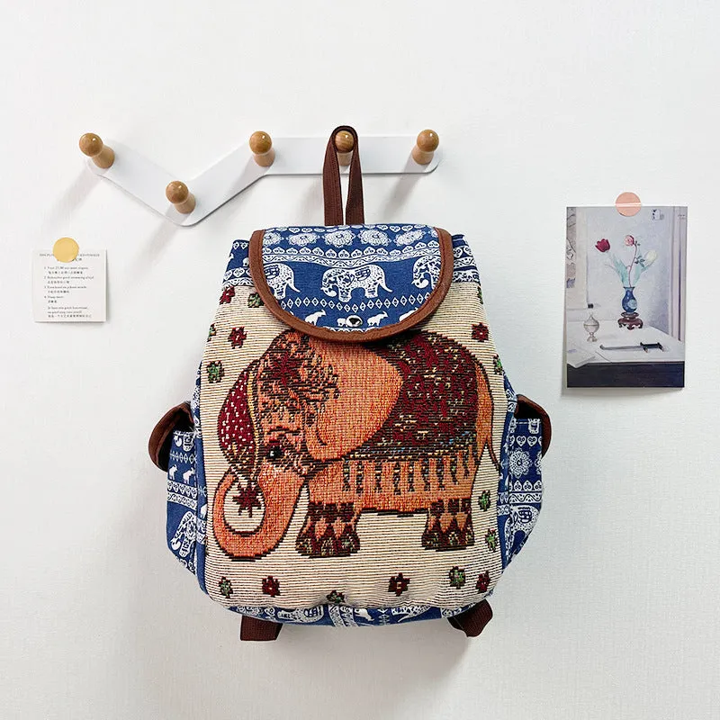 Canvas drawstring backpack with elephant embroidery in one of twelve colour options, size 28x24x12cm