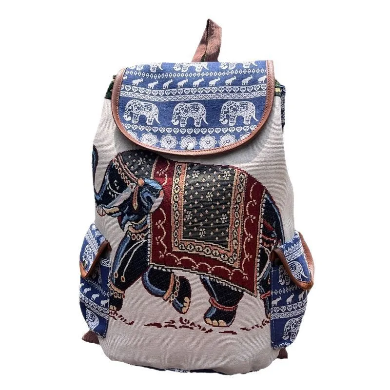 Canvas drawstring backpack with elephant embroidery in one of twelve colour options, size 28x24x12cm