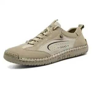 Handmade stitching casual leather shoes for men, low heel PU upper, round toe, lace-up, beige colour