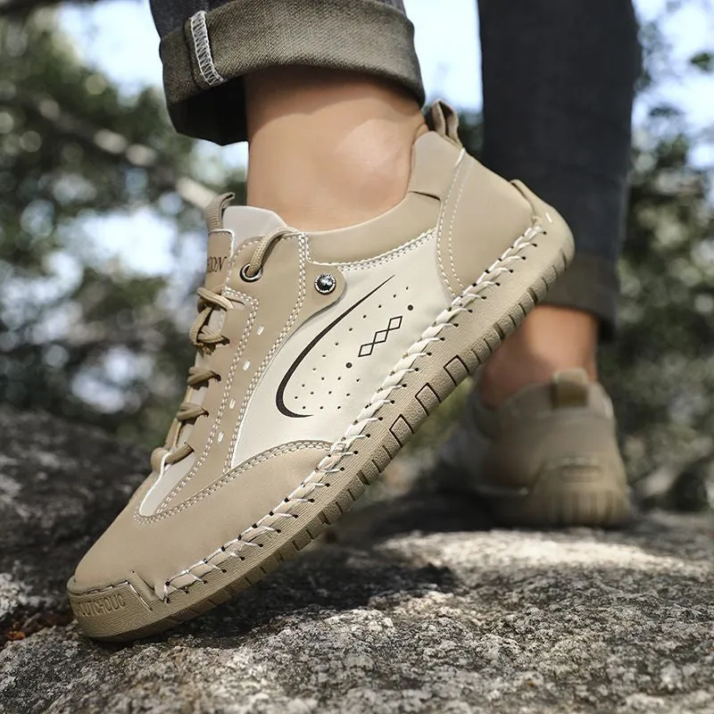 Handmade stitching casual leather shoes for men, low heel PU upper, round toe, lace-up, beige colour