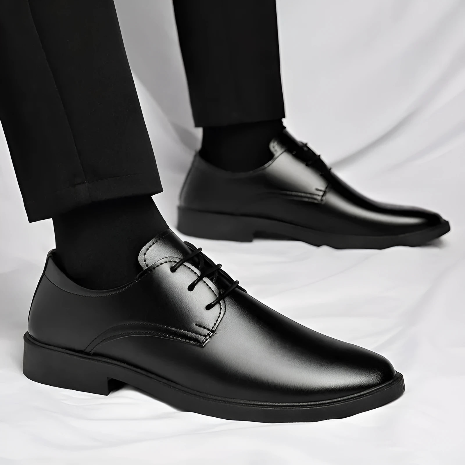 Men's black British style casual formal leather shoes with PU upper and PVC sole, low top, sizes 39 to 47