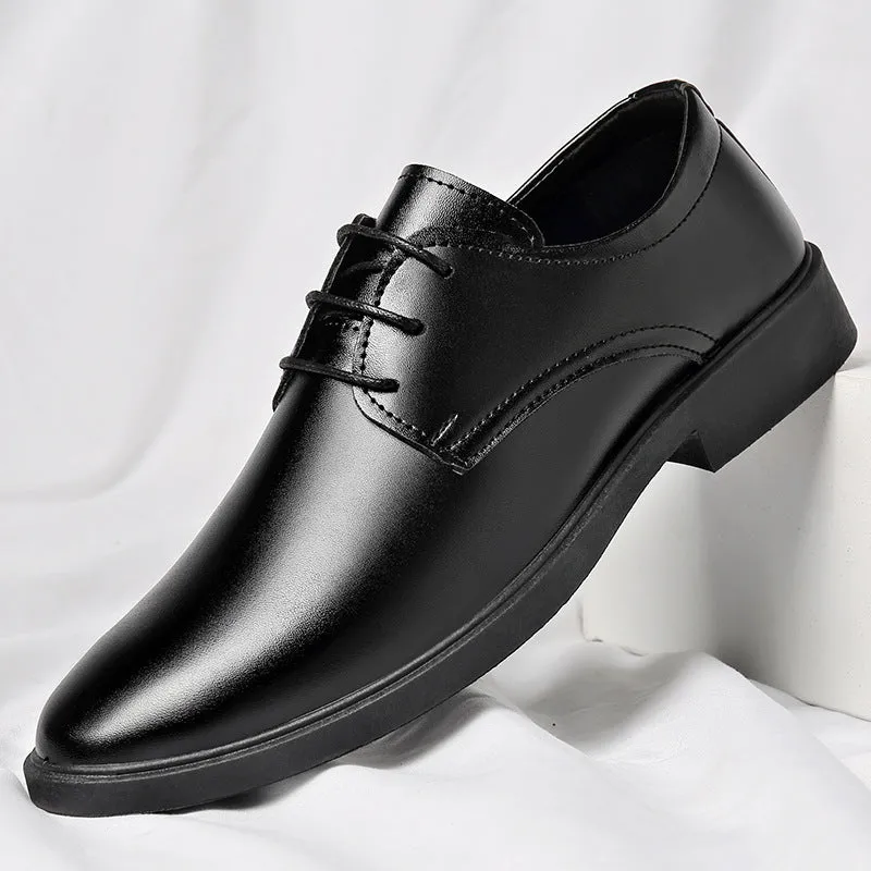 Men's black British style casual formal leather shoes with PU upper and PVC sole, low top, sizes 39 to 47