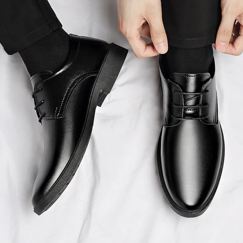 Men's black British style casual formal leather shoes with PU upper and PVC sole, low top, sizes 39 to 47