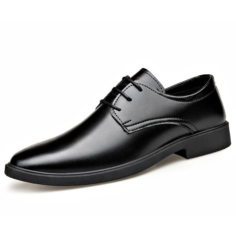 Men's black British style casual formal leather shoes with PU upper and PVC sole, low top, sizes 39 to 47