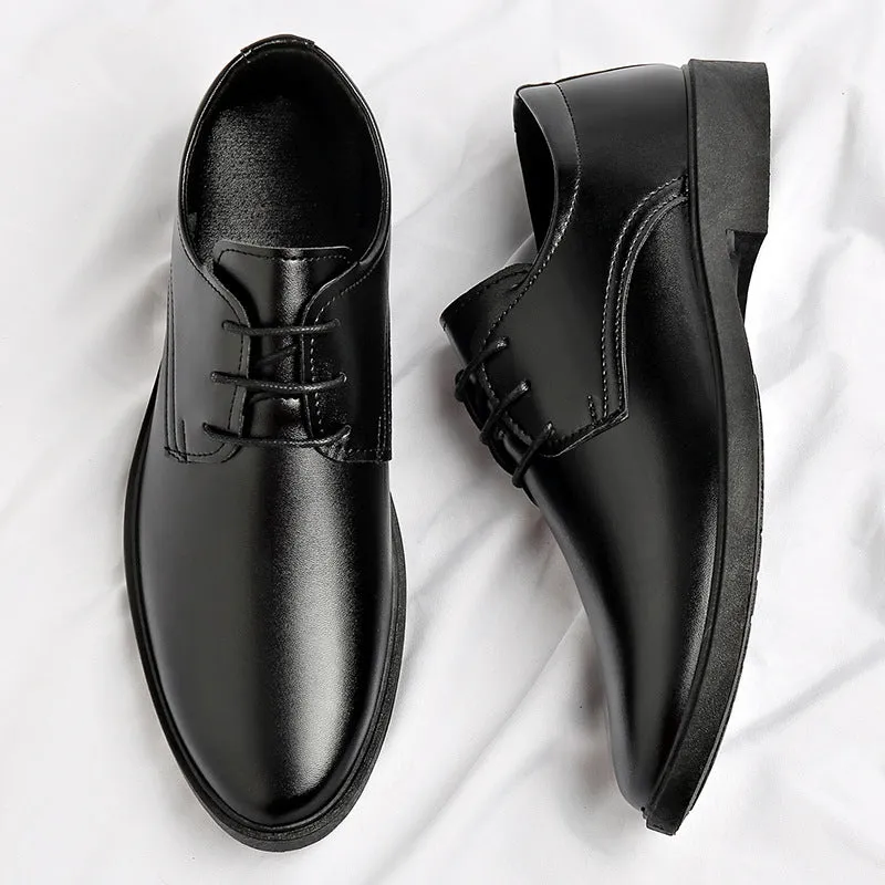 Men's black British style casual formal leather shoes with PU upper and PVC sole, low top, sizes 39 to 47