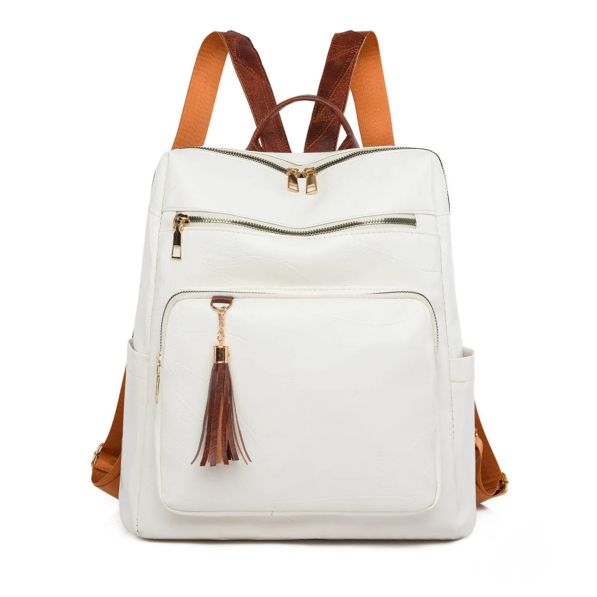 Women's large-capacity retro PU backpack with plaid design in brown, three-dimensional outer pocket visible