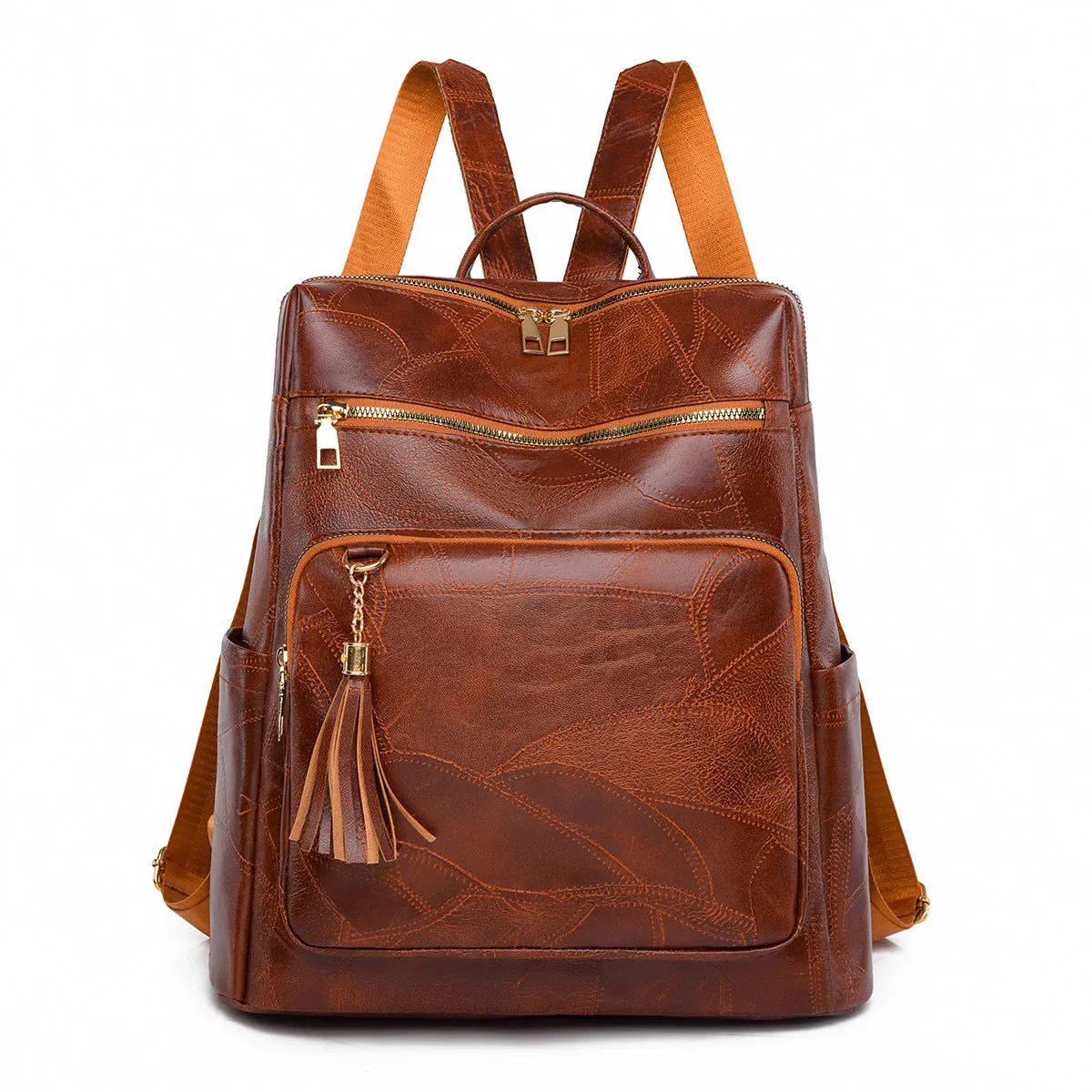 Women's large-capacity retro PU backpack with plaid design in brown, three-dimensional outer pocket visible