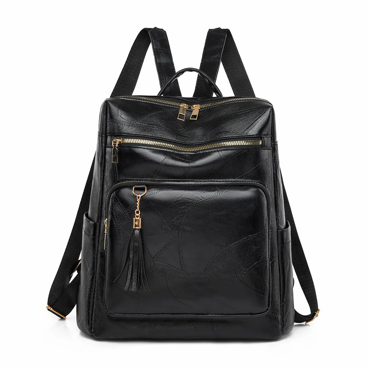 Women's large-capacity retro PU backpack with plaid design in brown, three-dimensional outer pocket visible