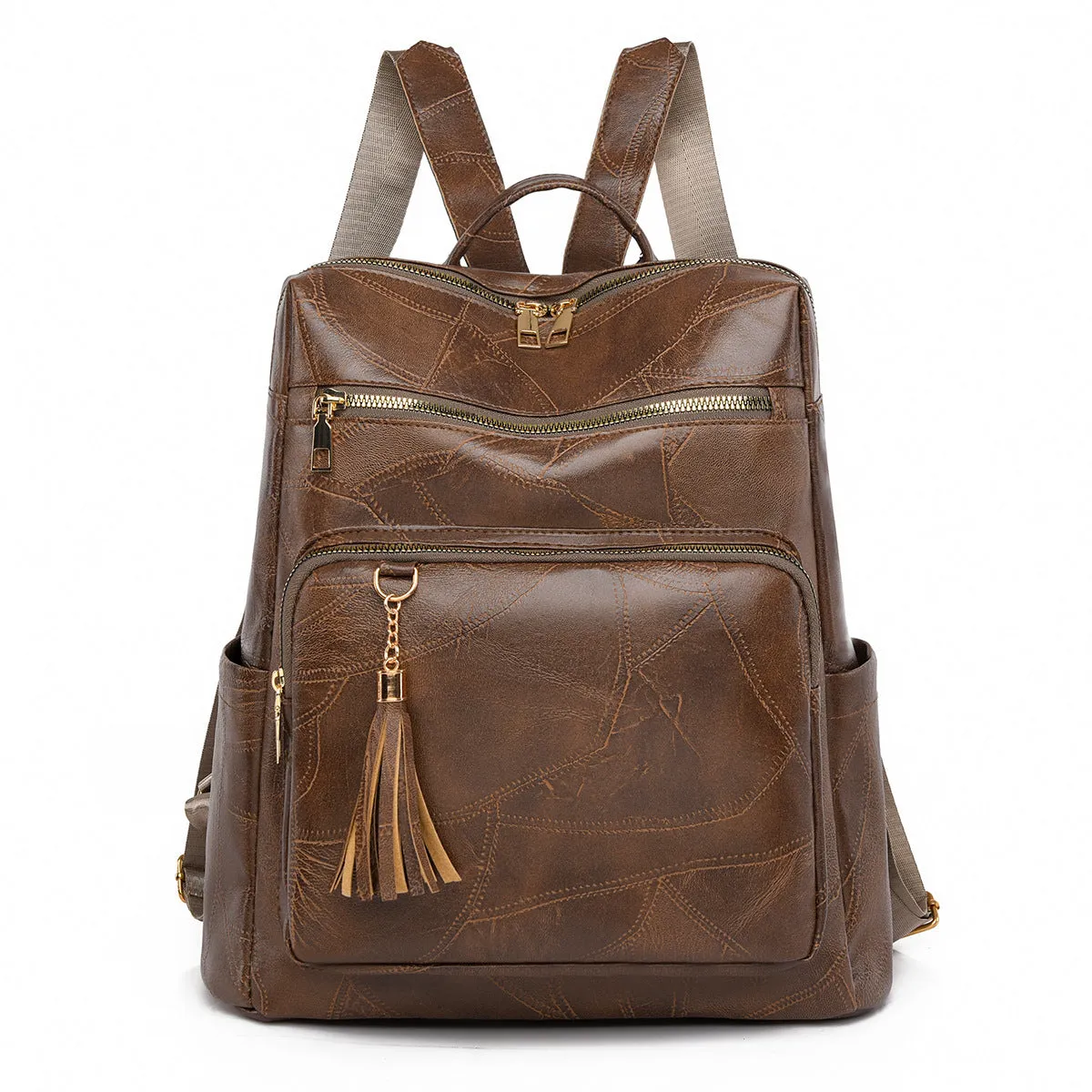 Women's large-capacity retro PU backpack with plaid design in brown, three-dimensional outer pocket visible