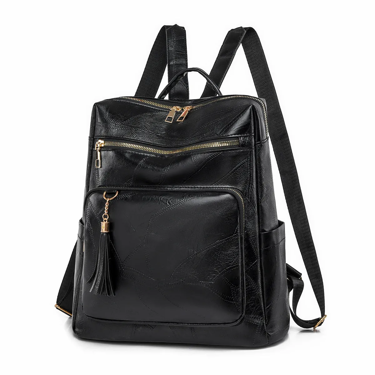 Women's large-capacity retro PU backpack with plaid design in brown, three-dimensional outer pocket visible