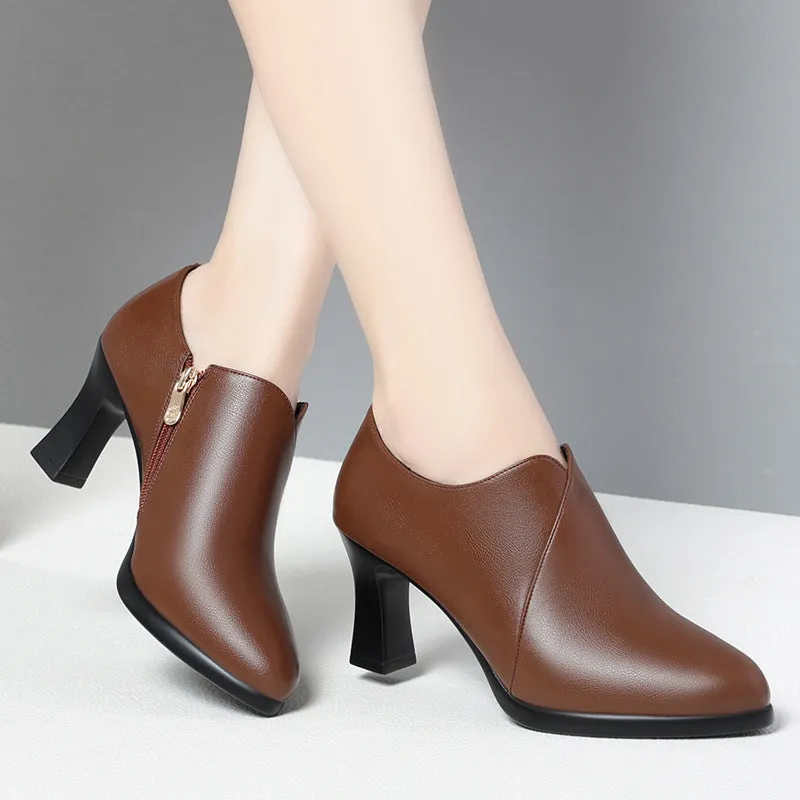 Soft leather PU pumps shoes with deep mouth side zipper and thick heel in black
