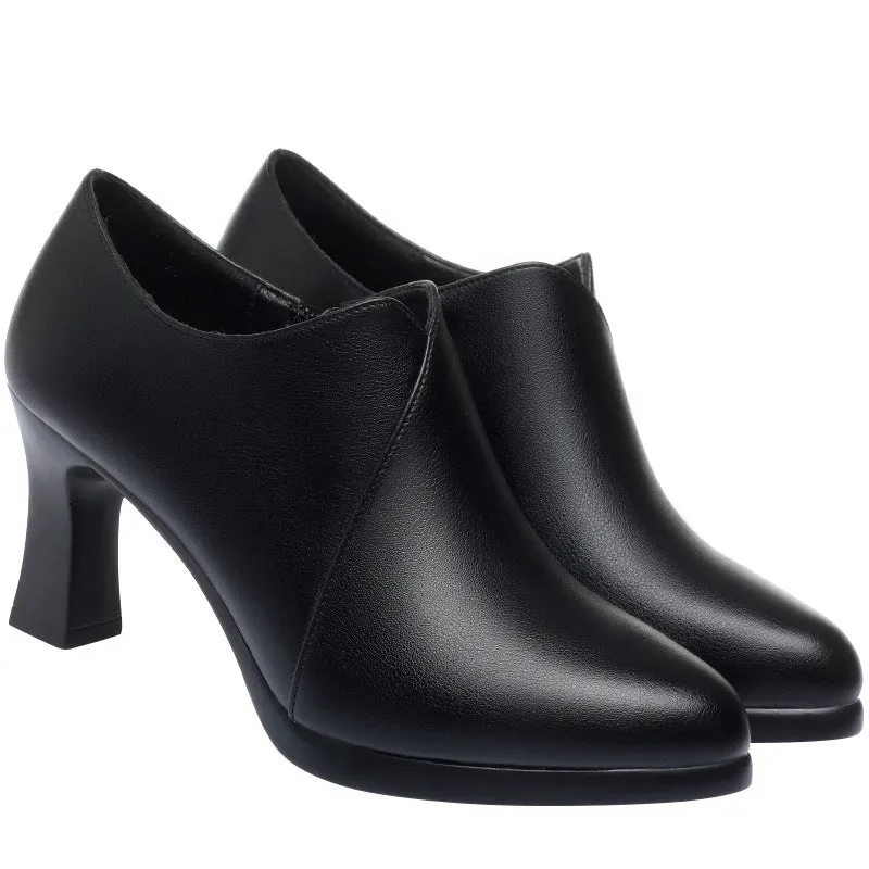 Soft leather PU pumps shoes with deep mouth side zipper and thick heel in black