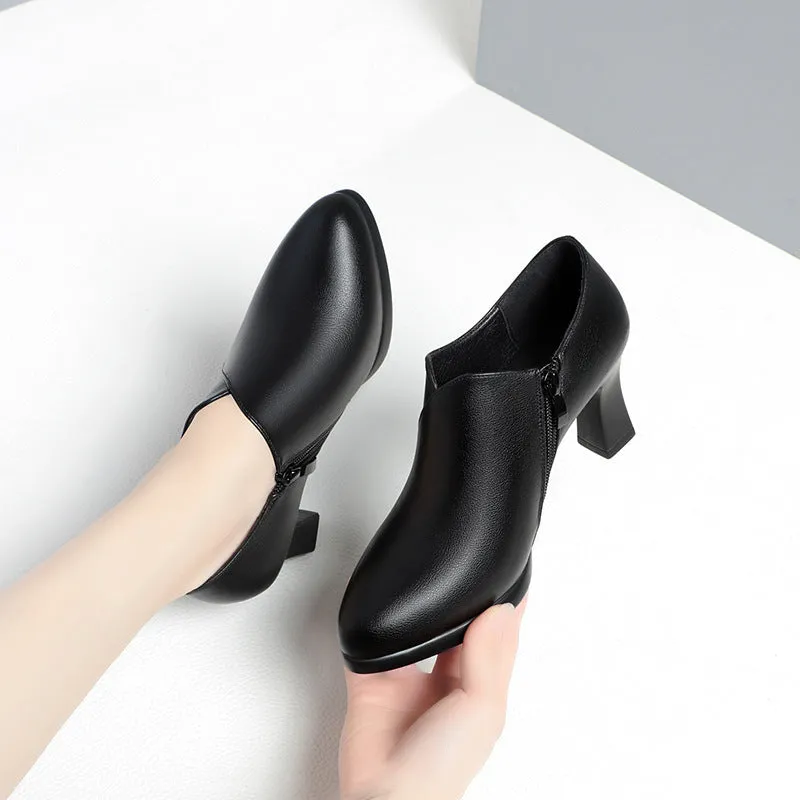 Soft leather PU pumps shoes with deep mouth side zipper and thick heel in black