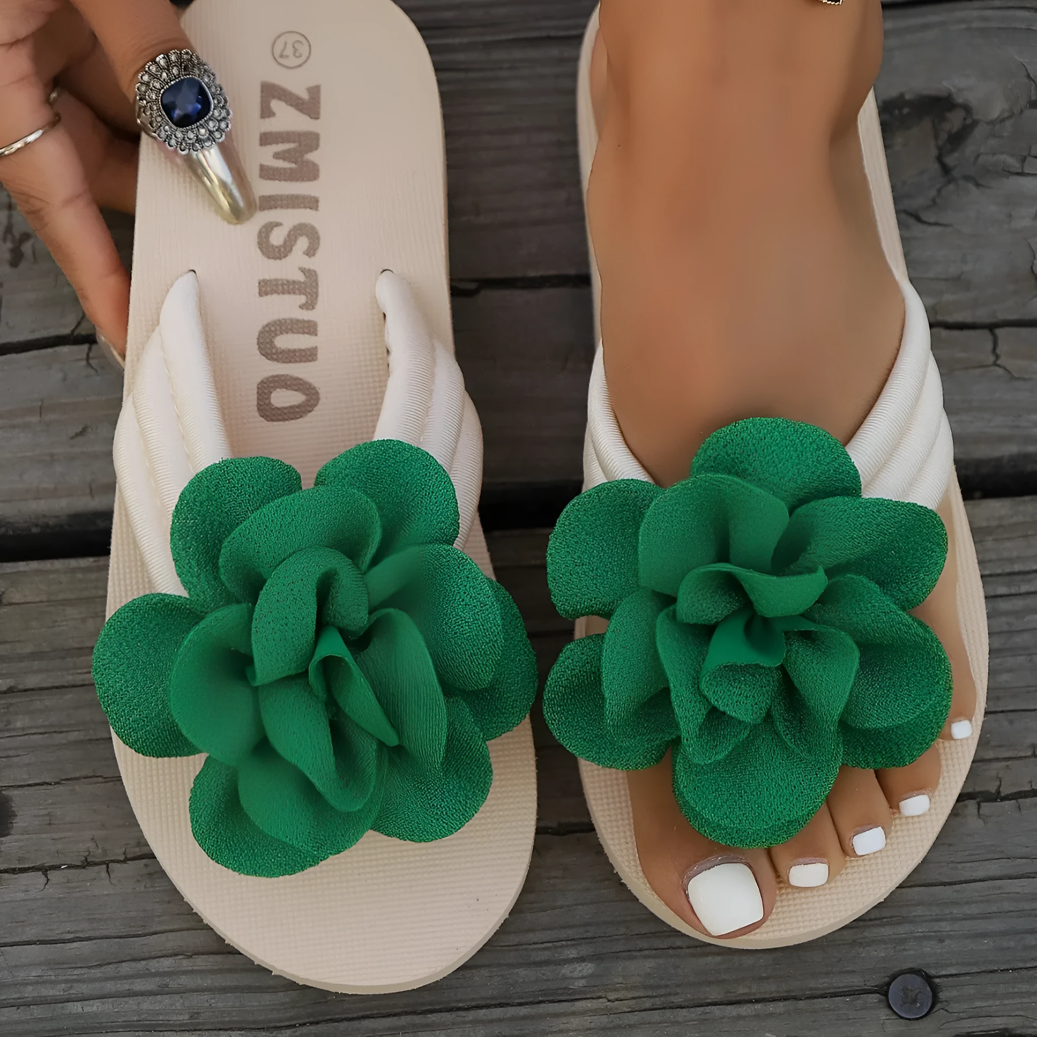 Plus size floral embroidery slippers in green, rose red and creamy-white colours with PU construction