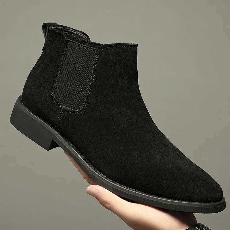 Men's pointed suede short Martin boots in black with cowhide upper and pigskin lining on a neutral background
