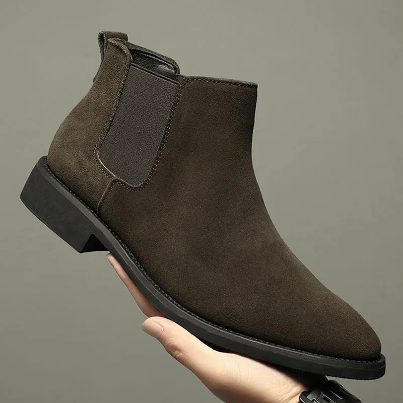 Men's pointed suede short Martin boots in black with cowhide upper and pigskin lining on a neutral background