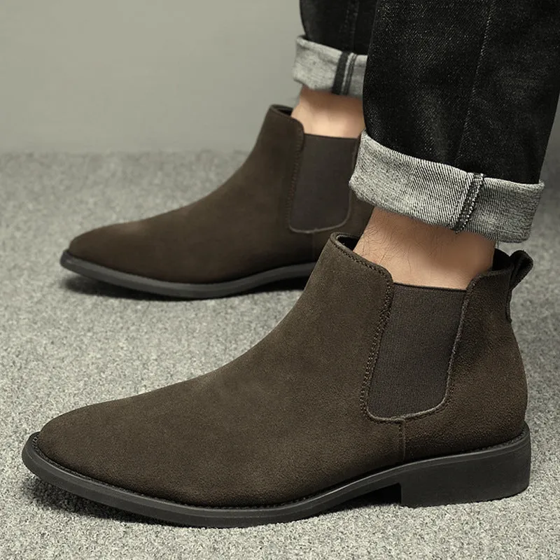 Men's pointed suede short Martin boots in black with cowhide upper and pigskin lining on a neutral background