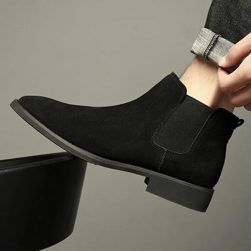 Men's pointed suede short Martin boots in black with cowhide upper and pigskin lining on a neutral background