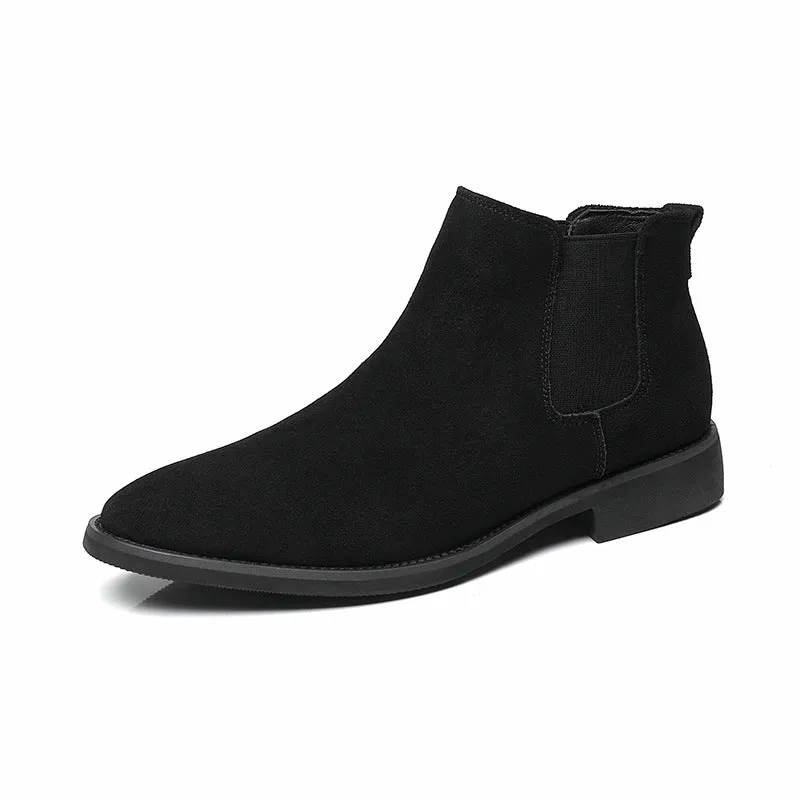 Men's pointed suede short Martin boots in black with cowhide upper and pigskin lining on a neutral background