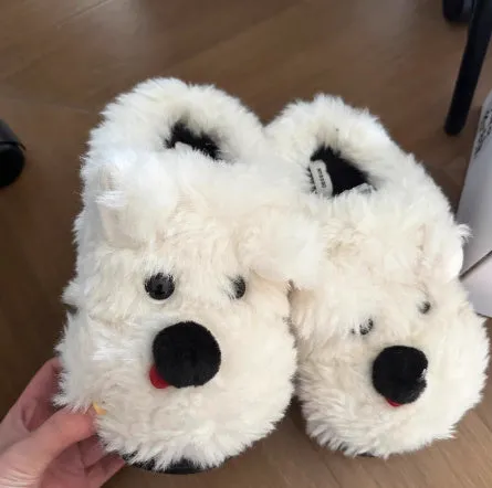 Scrawl Puppy autumn warm closed toe indoor slippers in khaki, plush upper with rubber sole