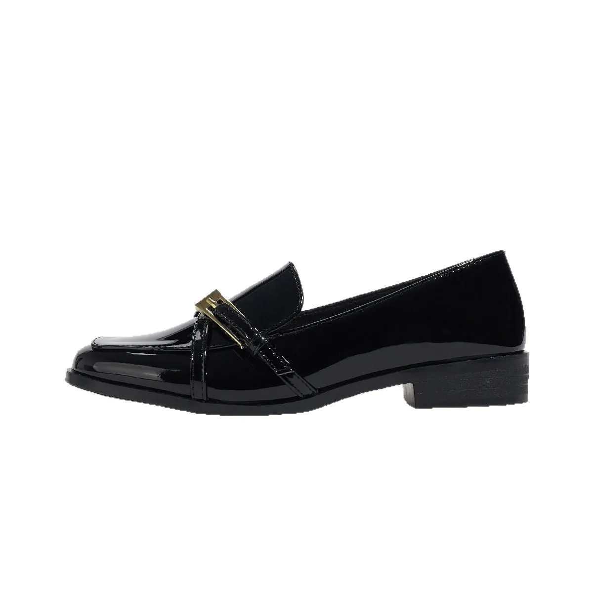 Patent leather square toe loafers in black with low heel and rubber sole