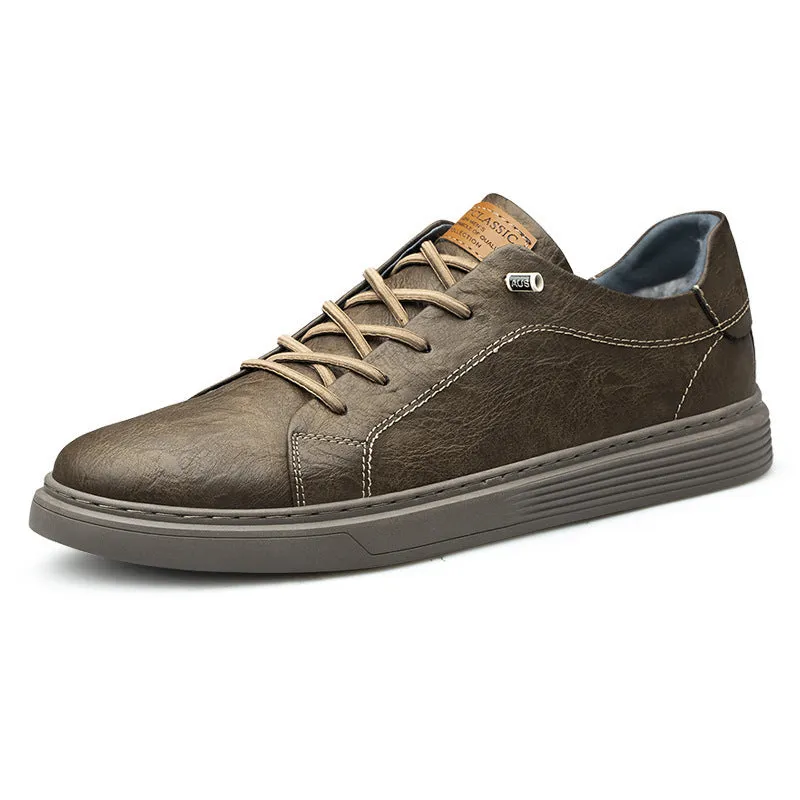 Two-layer cowhide casual sneakers low-top men's shoes in beige with front lace-up and round toe
