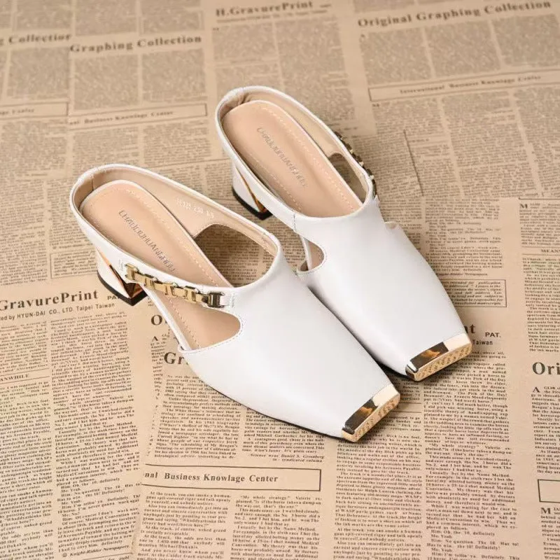 Metal Tilta French retro square toe sandals with PU upper and rubber sole in black and white