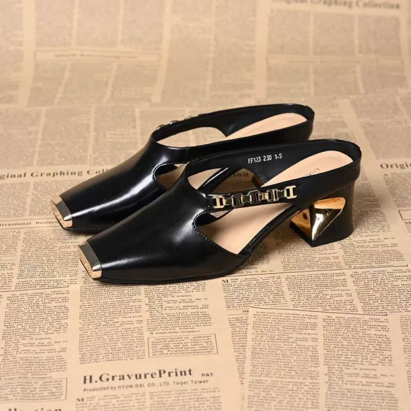 Metal Tilta French retro square toe sandals with PU upper and rubber sole in black and white