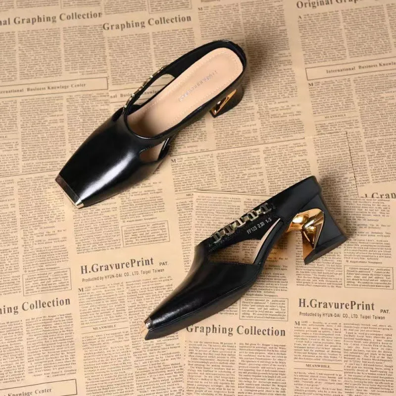 Metal Tilta French retro square toe sandals with PU upper and rubber sole in black and white