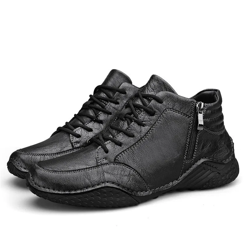 Martin boots in black genuine cowhide leather with fleece lining, mid heel, round toe, and rubber sole