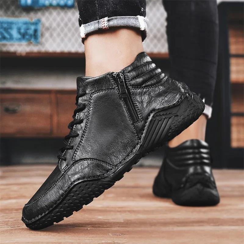 Martin boots in black genuine cowhide leather with fleece lining, mid heel, round toe, and rubber sole