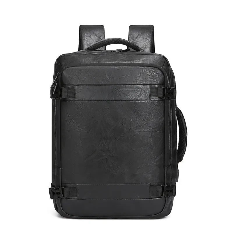 Multi-functional scalable computer backpack in solid black colour, PU waterproof finish, 20-35 litre capacity