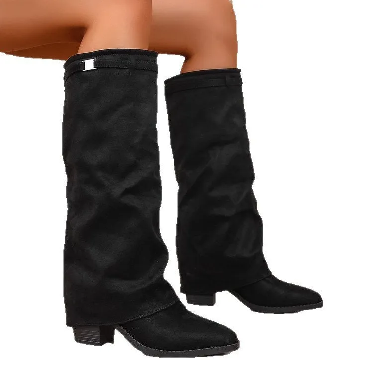 Men's pointed toe high tube pants boots with pleated chunky heel sleeve in black
