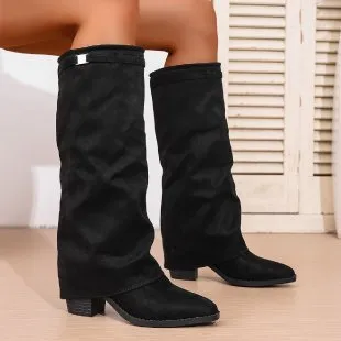 Men's pointed toe high tube pants boots with pleated chunky heel sleeve in black