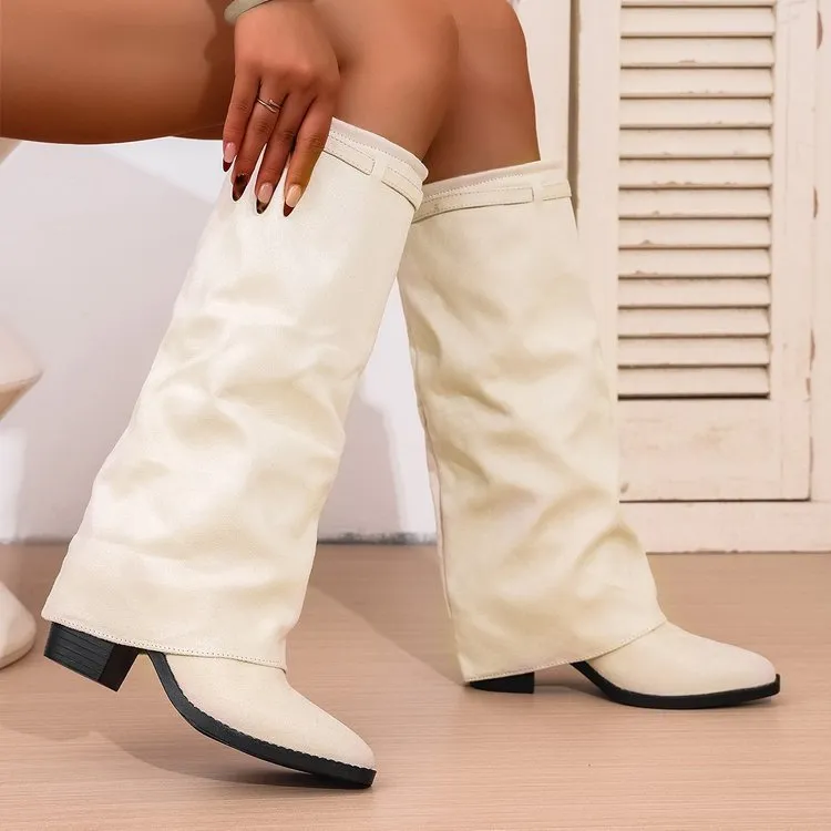 Men's pointed toe high tube pants boots with pleated chunky heel sleeve in black