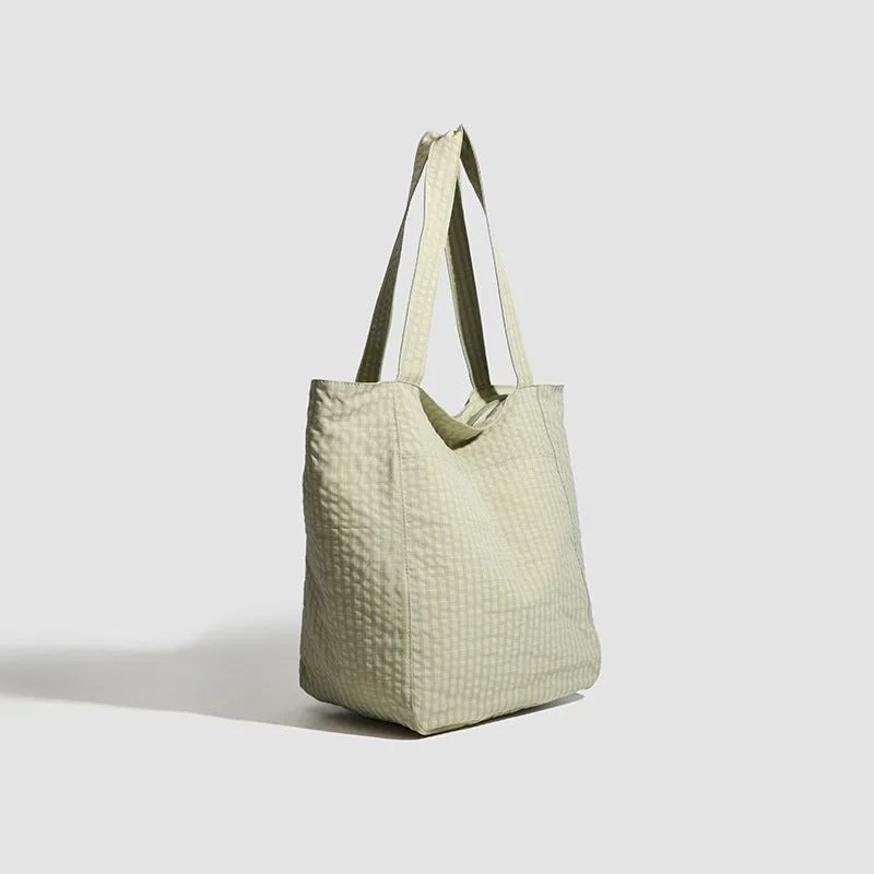Polyester striped seersucker women's bag with horizontal square shape and three-dimensional pocket in apricot colour
