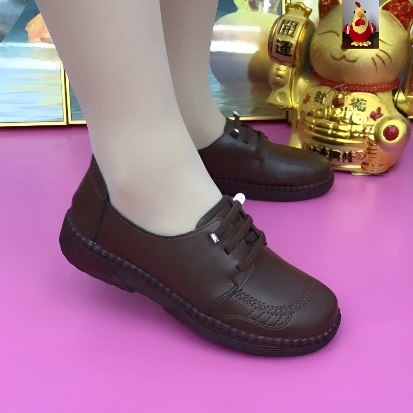 Soft leather women's low-heel non-slip shoes black brown PU leather beef tendon bottom lace-up autumn footwear