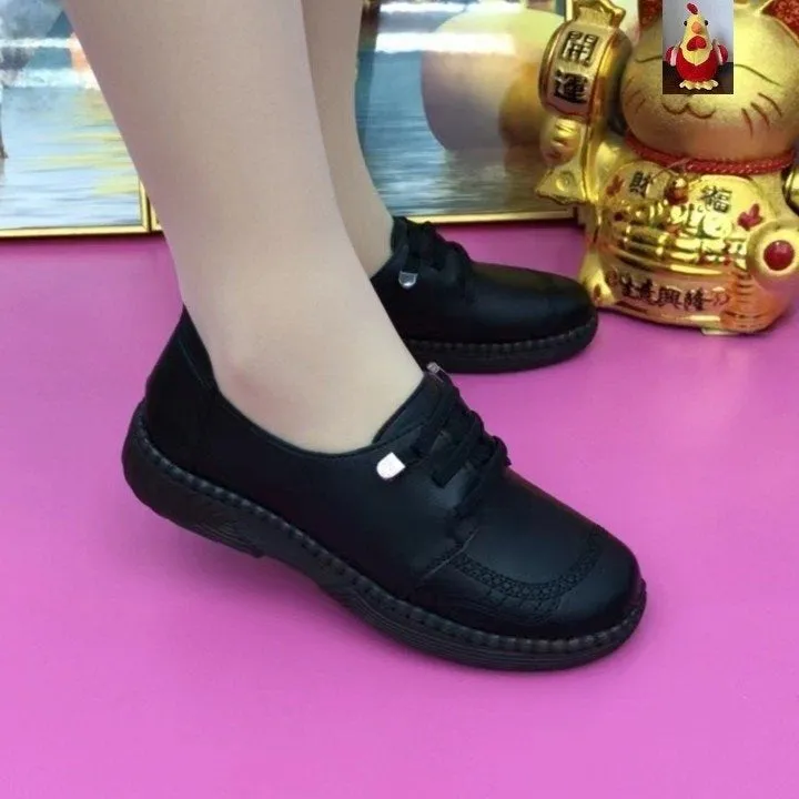Soft leather women's low-heel non-slip shoes black brown PU leather beef tendon bottom lace-up autumn footwear